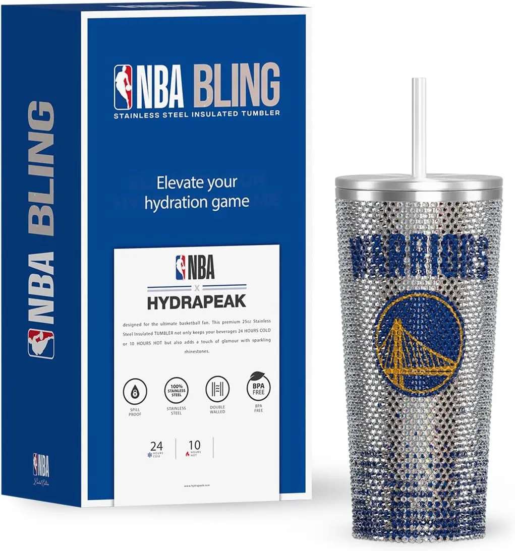 Hydrapeak x NBA Officially Licensed Golden State Warriors 25 oz Rhinestone Bling Tumbler with Straw Lid, Glitter Leakproof Stainless Steel Water Bottle