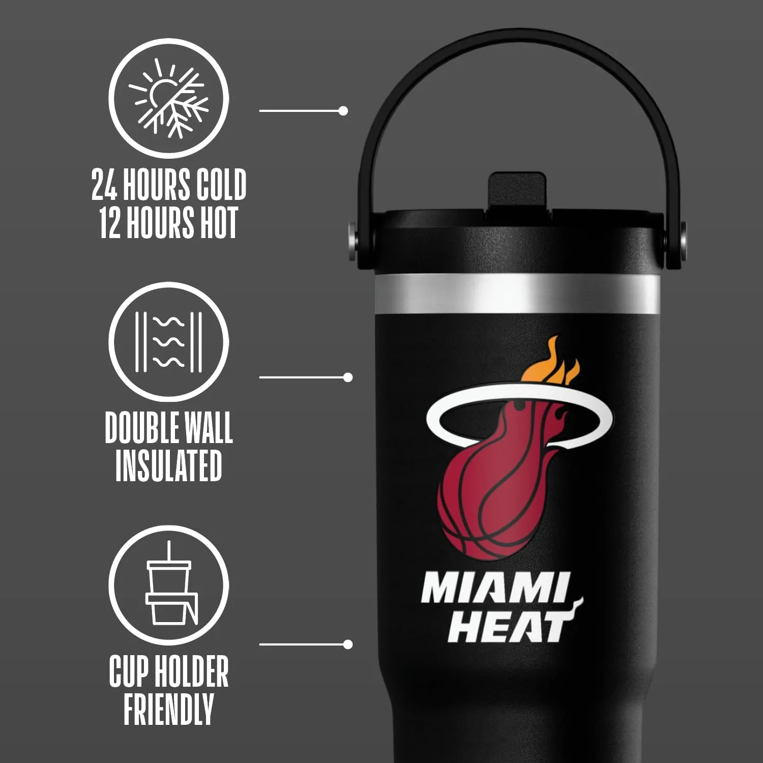 Hydrapeak x NBA Officially Licensed Miami Heat 32oz Nomad Stainless Steel Tumbler with Handle and Straw Lid, Leakproof Water Bottle in Limited Edition Collector's Gift Box