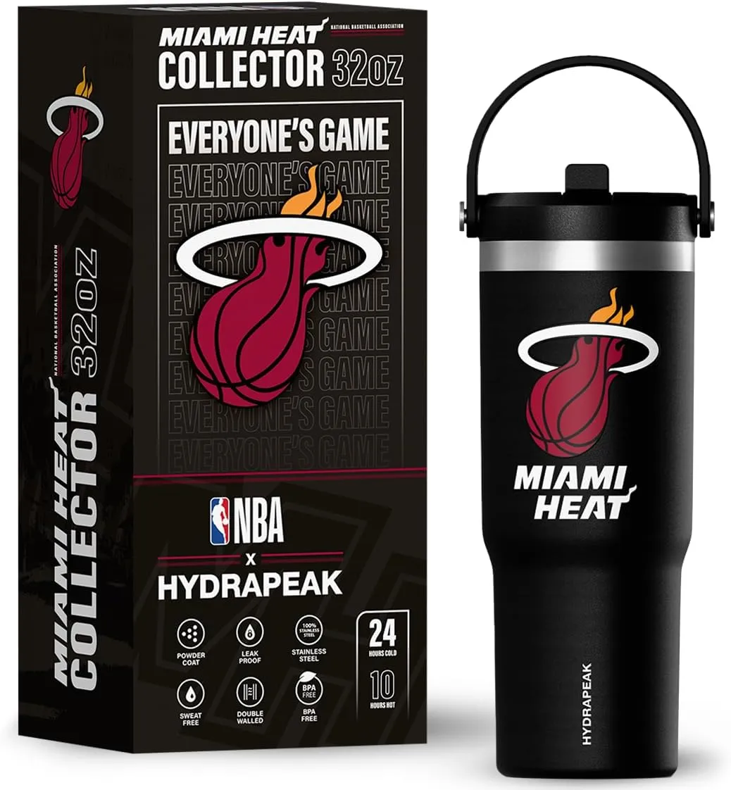 Hydrapeak x NBA Officially Licensed Miami Heat 32oz Nomad Stainless Steel Tumbler with Handle and Straw Lid, Leakproof Water Bottle in Limited Edition Collector's Gift Box