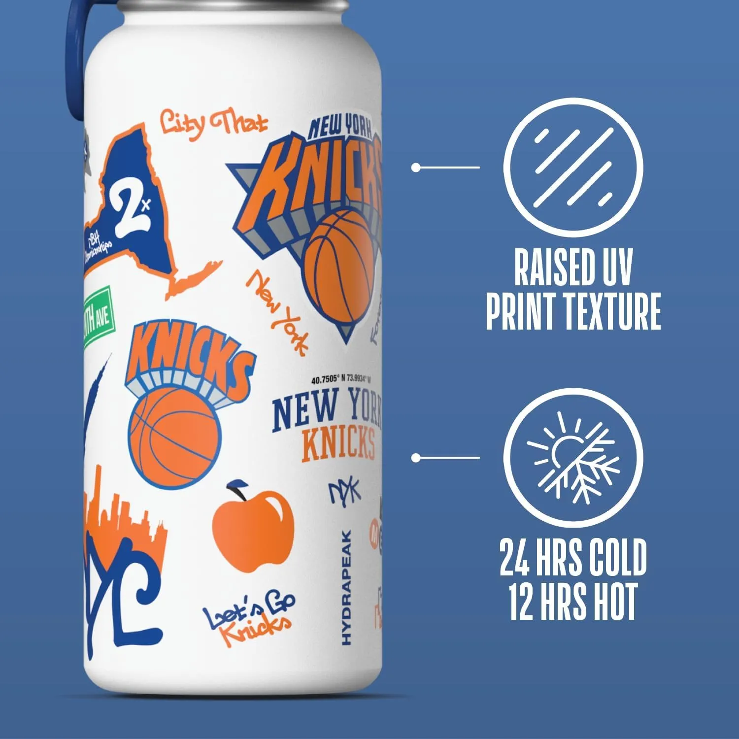 Hydrapeak x NBA Officially Licensed New York Knicks 32oz Active Water Bottle Chug Lid Stainless Steel Reusable Double Wall Celebrating The City Of New York