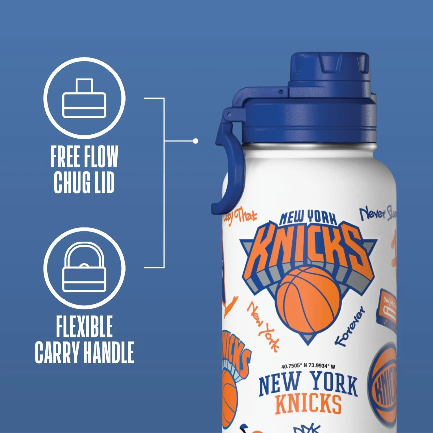 Hydrapeak x NBA Officially Licensed New York Knicks 32oz Active Water Bottle Chug Lid Stainless Steel Reusable Double Wall Celebrating The City Of New York