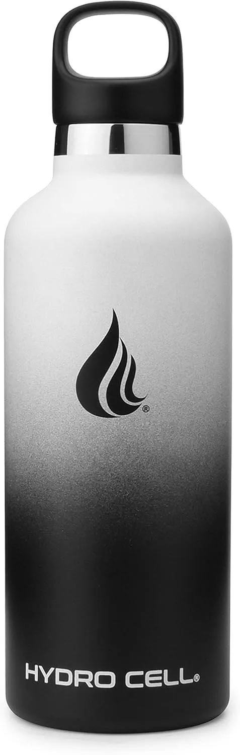 HYDRO CELL Stainless Steel Water Bottle with Straw & 2 Standard Mouth Lids (32oz 24oz 20oz 16oz) Keeps Liquids Hot or Cold w/Double Wall Vacuum Insulated Leak Proof Sport Design (Black/White 32oz)