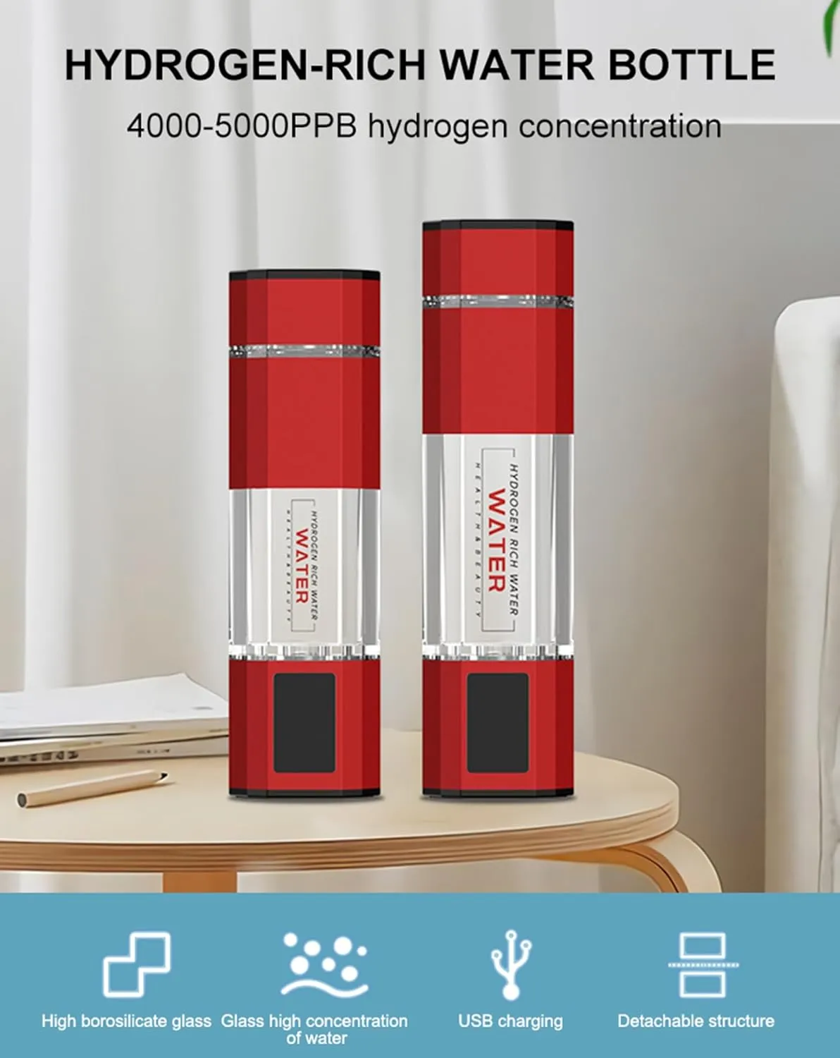 Hydrogen Water Bottle, 4000-5000ppb Pure Hydrogen Rich Concentration, with SPE PEM Technology Water Ionizer, Purification Vent, OLED Display, Adjustable Language