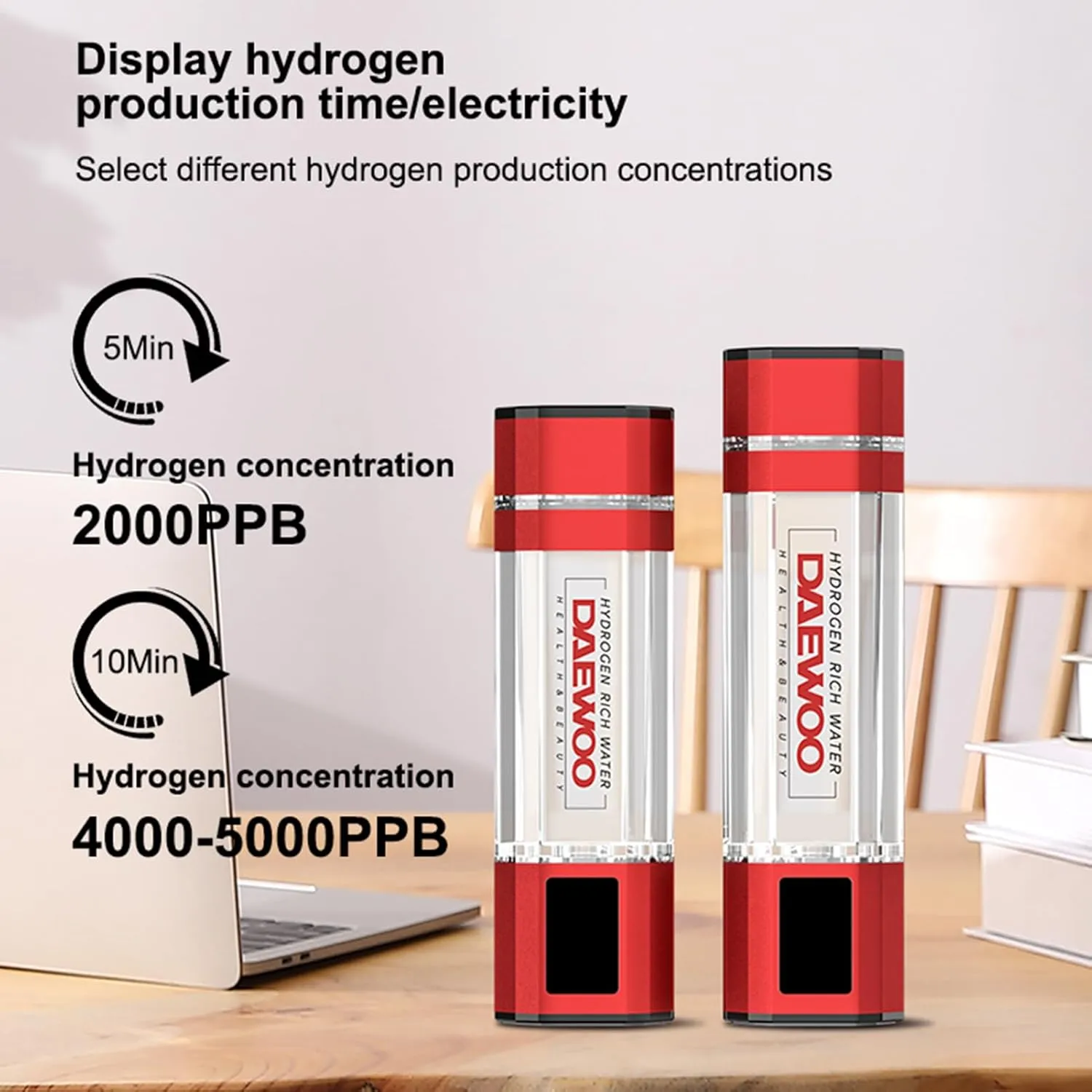 Hydrogen Water Bottle, 4000-5000ppb Pure Hydrogen Rich Concentration, with SPE PEM Technology Water Ionizer, Purification Vent, OLED Display, Adjustable Language