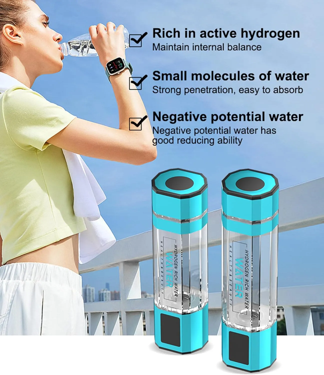 Hydrogen Water Bottle, 4000-5000ppb Pure Hydrogen Rich Concentration, with SPE PEM Technology Water Ionizer, Purification Vent, OLED Display, Adjustable Language