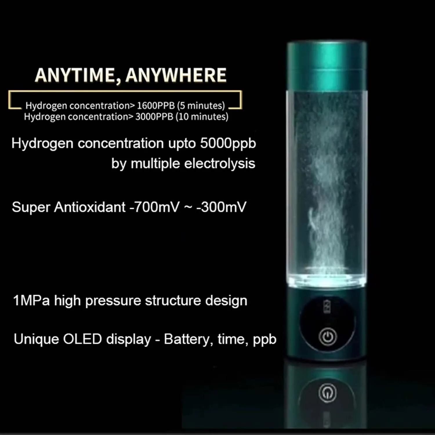 Hydrogen Water Bottle, SPE Technology, 3000ppb Pure Hydrogen Rich Concentration, Purification Vent, OLED Display, Reduction Imported Hydrogen Ionized Water Cup