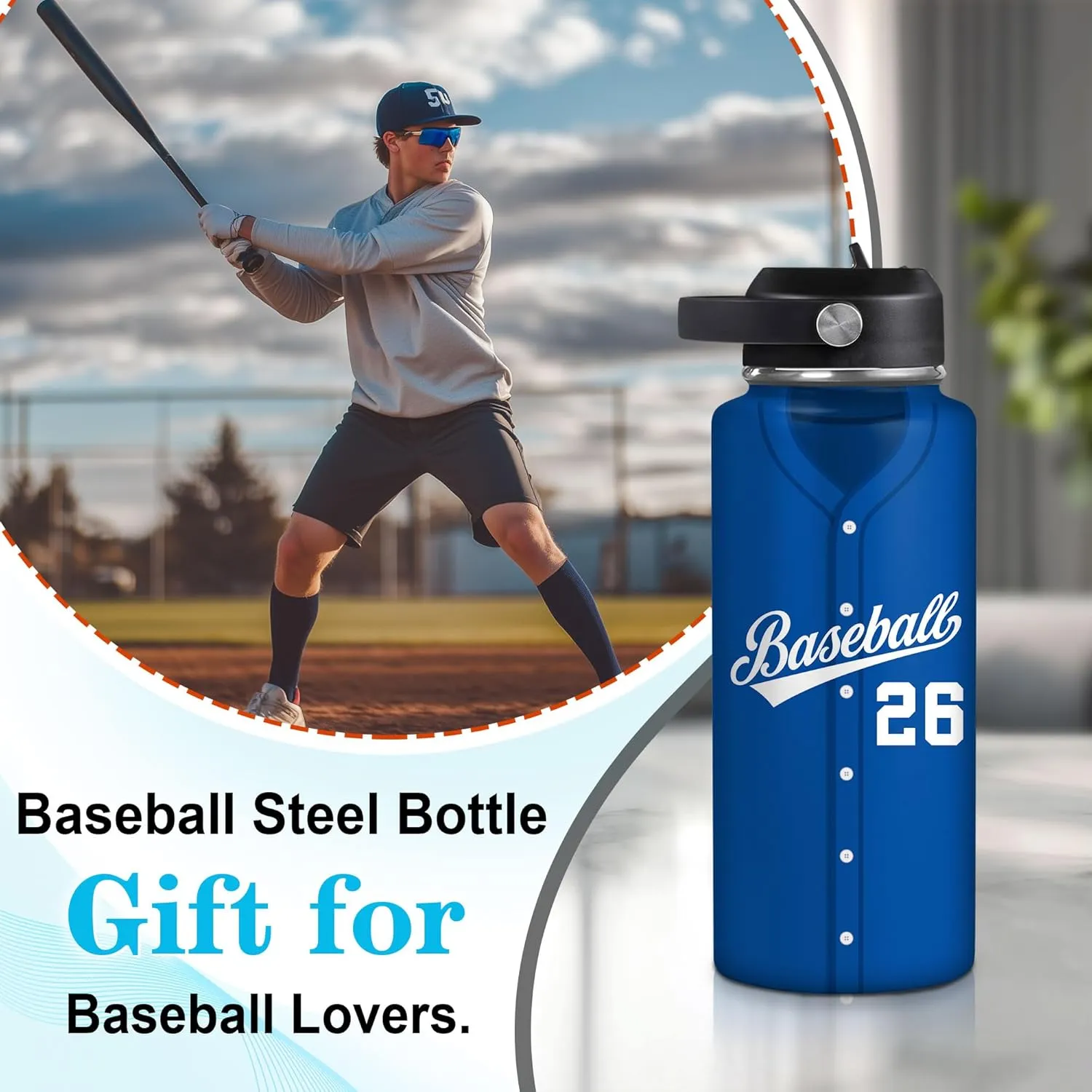 Hyturtle Personalized Baseball Water Bottle - Travel Insulated Stainless Steel Bottle with Leak-Proof Lid 18oz 32oz - Gift for Men, Boys, Baseball Lovers, Players, Coaches - Birthday & Christmas Gift