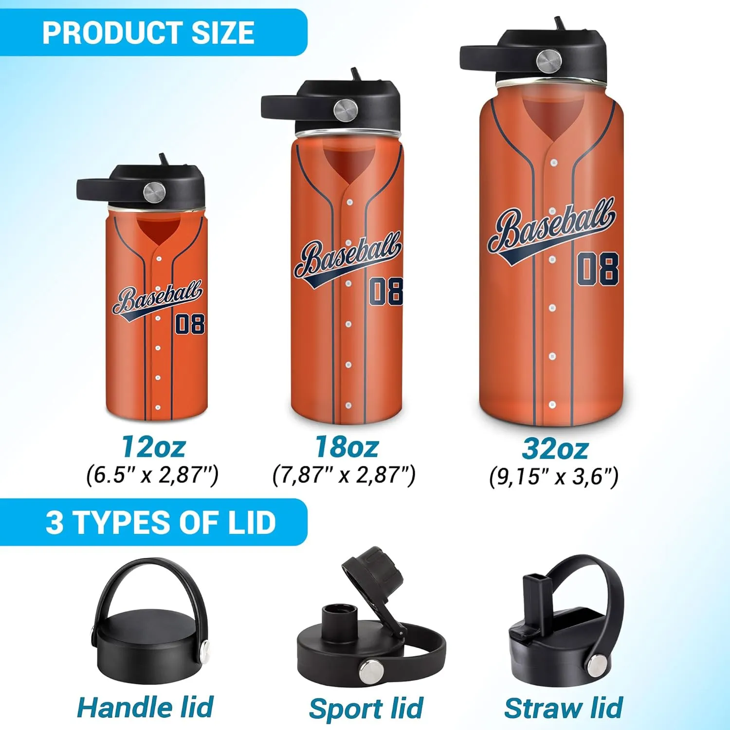 Hyturtle Personalized Baseball Water Bottle - Travel Insulated Stainless Steel Bottle with Leak-Proof Lid 18oz 32oz - Gift for Men, Boys, Baseball Lovers, Players, Coaches - Birthday & Christmas Gift