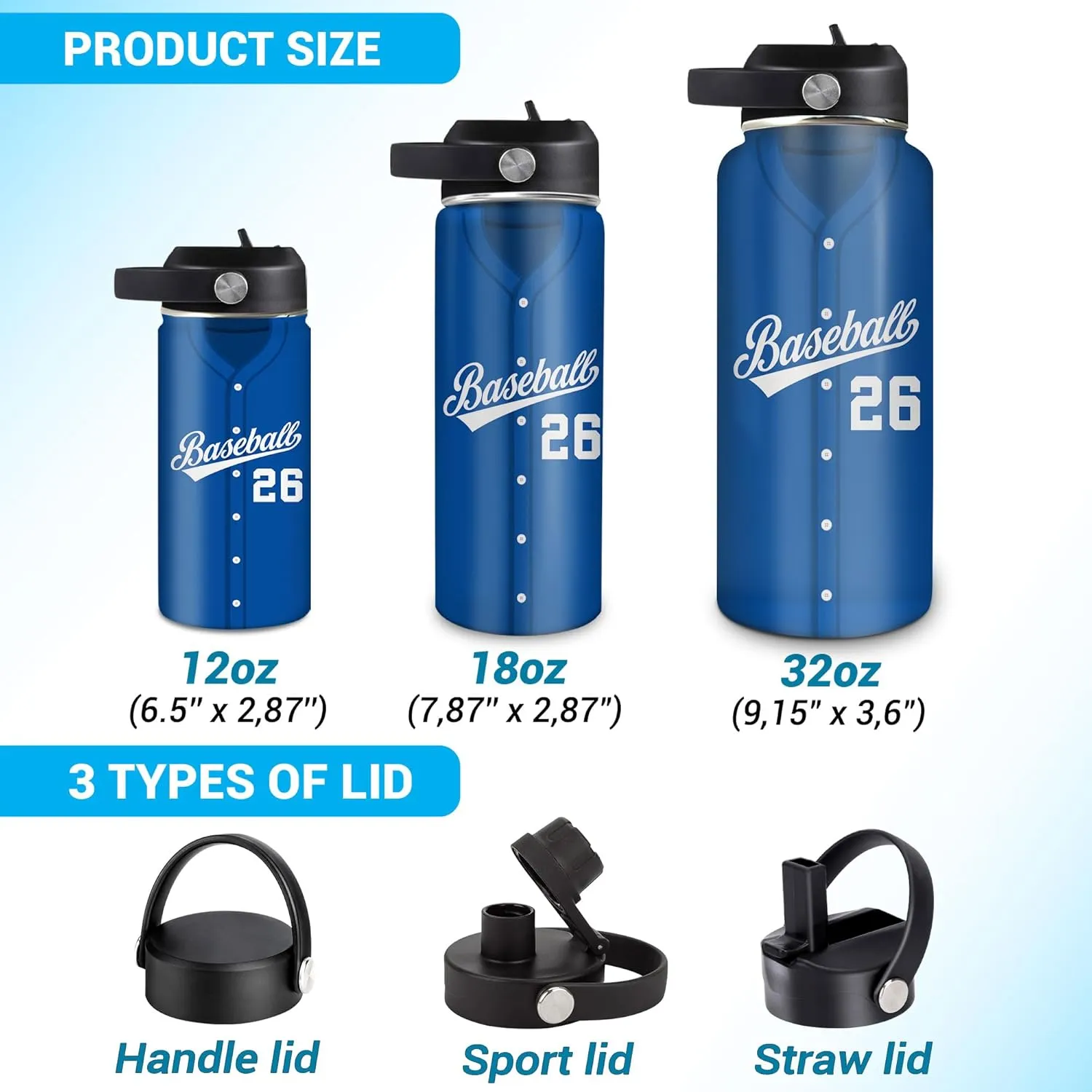 Hyturtle Personalized Baseball Water Bottle - Travel Insulated Stainless Steel Bottle with Leak-Proof Lid 18oz 32oz - Gift for Men, Boys, Baseball Lovers, Players, Coaches - Birthday & Christmas Gift