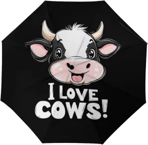 I Love Cows Tri-fold Reverse Folding Umbrella Portable Travel Umbrella Automatic & Manual Windproof Umbrellas