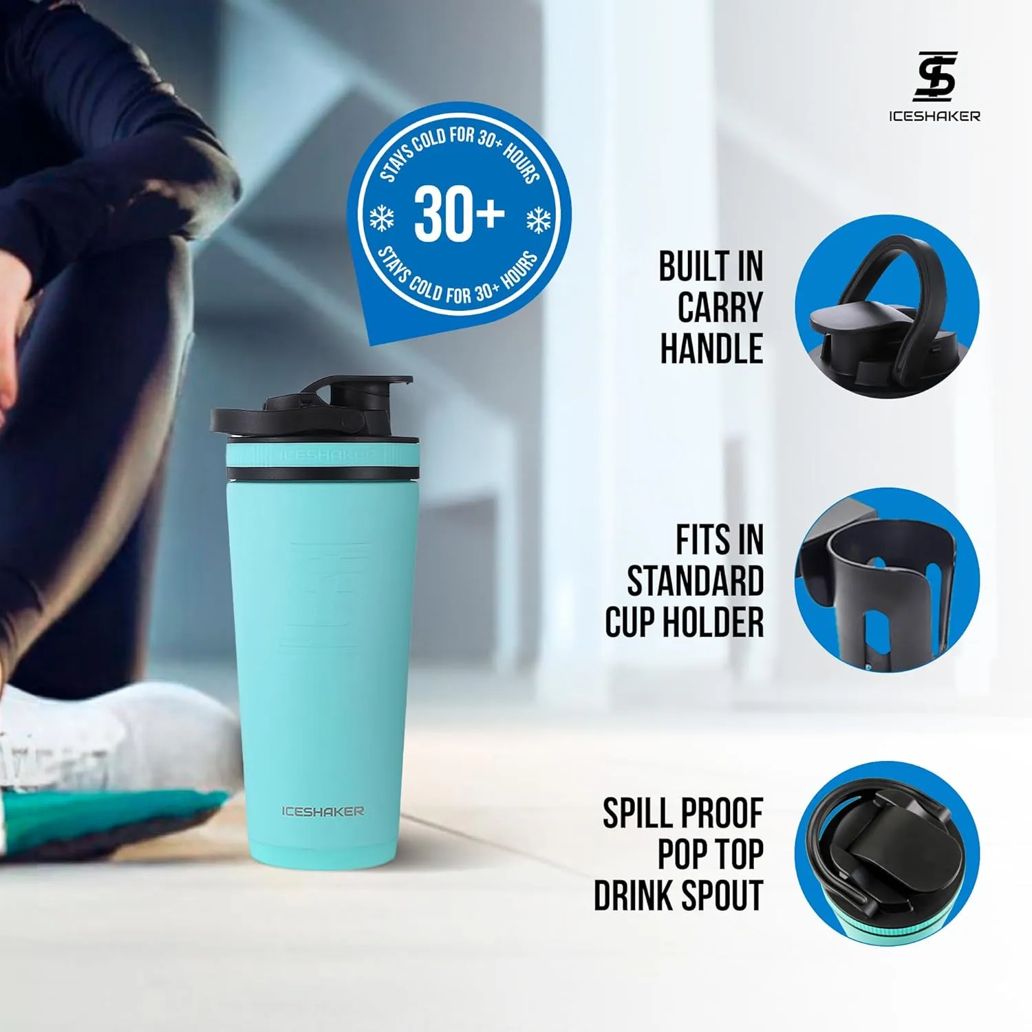 Ice Shaker Insulated Stainless Steel Shaker Bottle | 26oz, Mint | Cold for 30  Hours | Insulated Cup with Twist-on Agitator | Odor-Free Bottle for Protein Shakes, Water, Smoothies, Cocktails