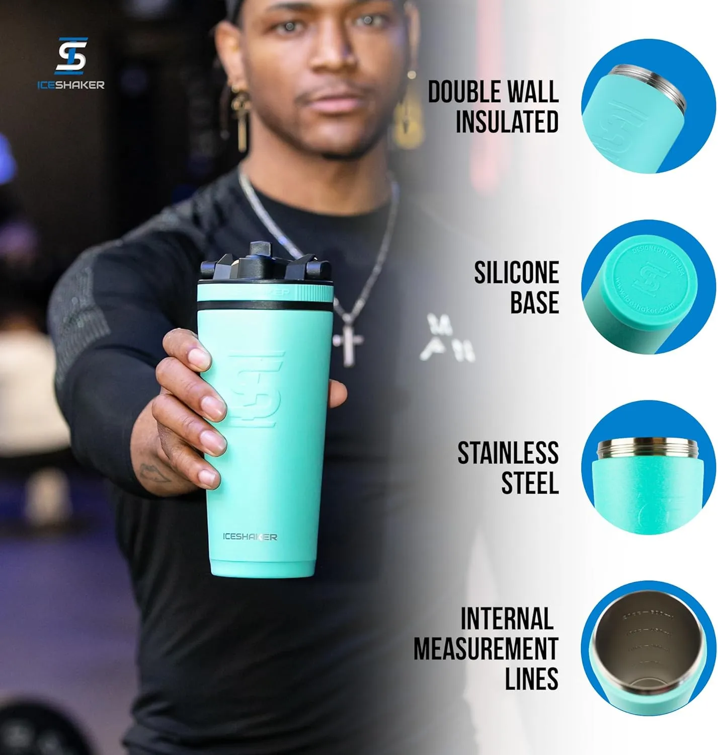 Ice Shaker Insulated Stainless Steel Shaker Bottle | 26oz, Mint | Cold for 30  Hours | Insulated Cup with Twist-on Agitator | Odor-Free Bottle for Protein Shakes, Water, Smoothies, Cocktails