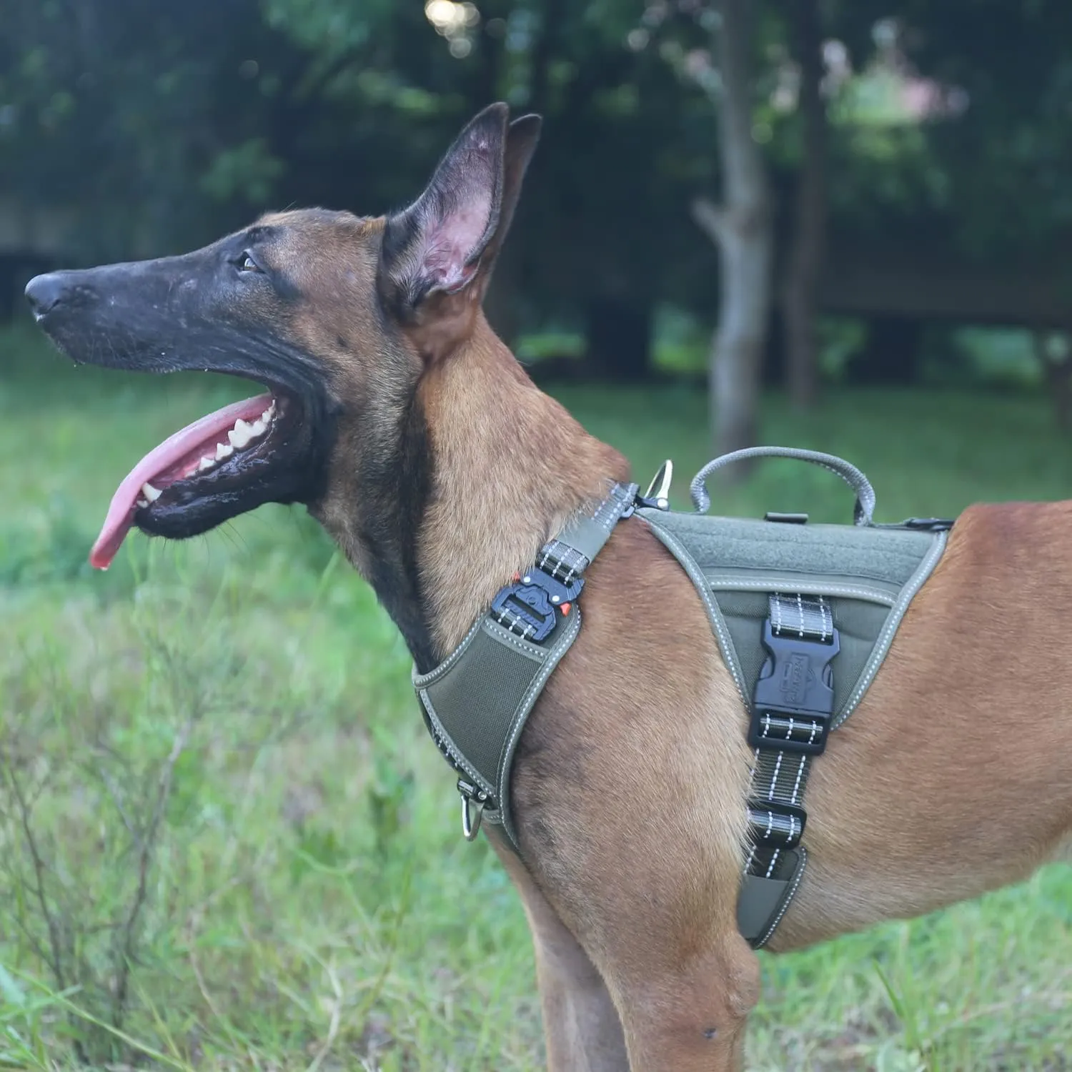 ICEFANG GN8 Quick-Moving Tactical Dog Harness with 2xMetal Buckles for Medium Sized Dogs,Reflective K9 Vest,No-Pull Front Leash Clip,5-Points Adjustable Pet Harness (Green, Medium (Pack of 1))