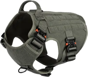ICEFANG Tactical Dog Harness with 4X Metal Buckle,Working Dog MOLLE K9 Vest with Handle,No Pulling Front Clip,Adjustable Pet Harness for Large Dogs (L (28"-35" Chest), Green)