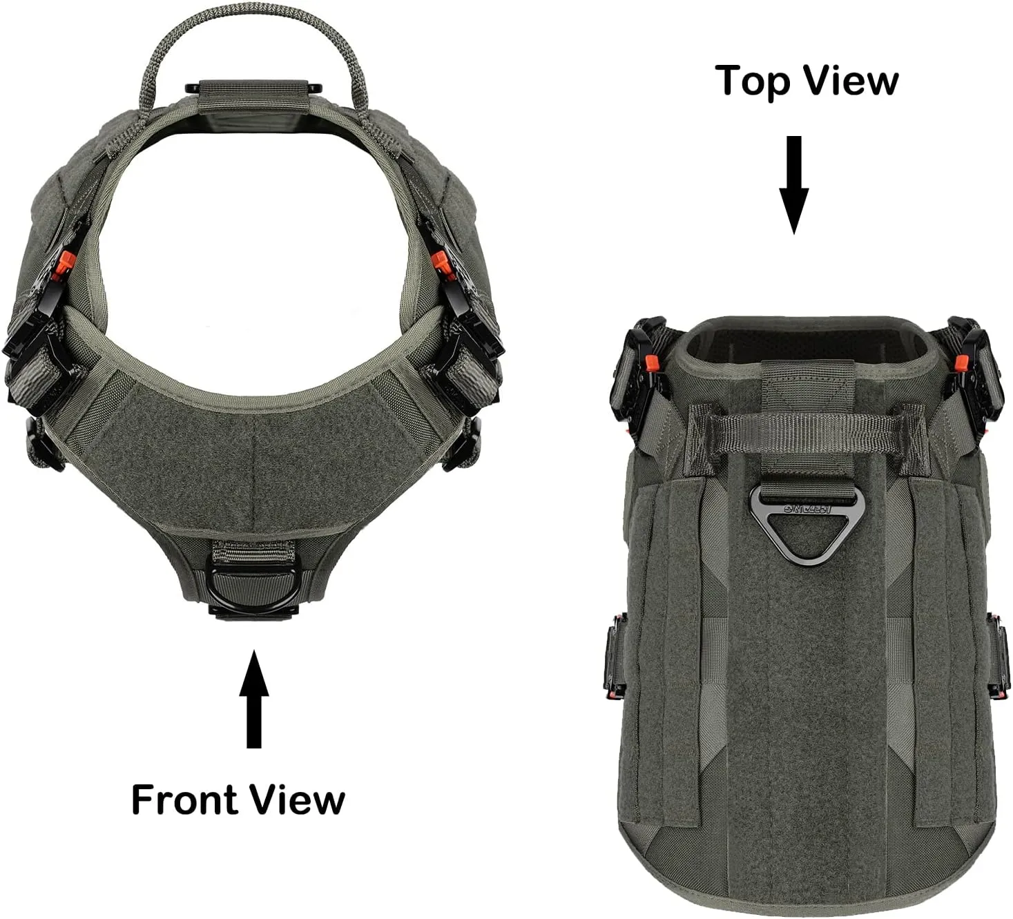 ICEFANG Tactical Dog Harness with 4X Metal Buckle,Working Dog MOLLE K9 Vest with Handle,No Pulling Front Clip,Adjustable Pet Harness for Large Dogs (L (28"-35" Chest), Green)
