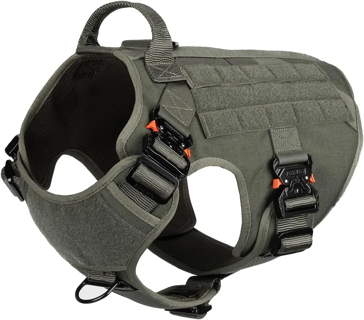 ICEFANG Tactical Dog Harness with 4X Metal Buckle,Working Dog MOLLE K9 Vest with Handle,No Pulling Front Clip,Adjustable Pet Harness for Large Dogs (L (28"-35" Chest), Green)