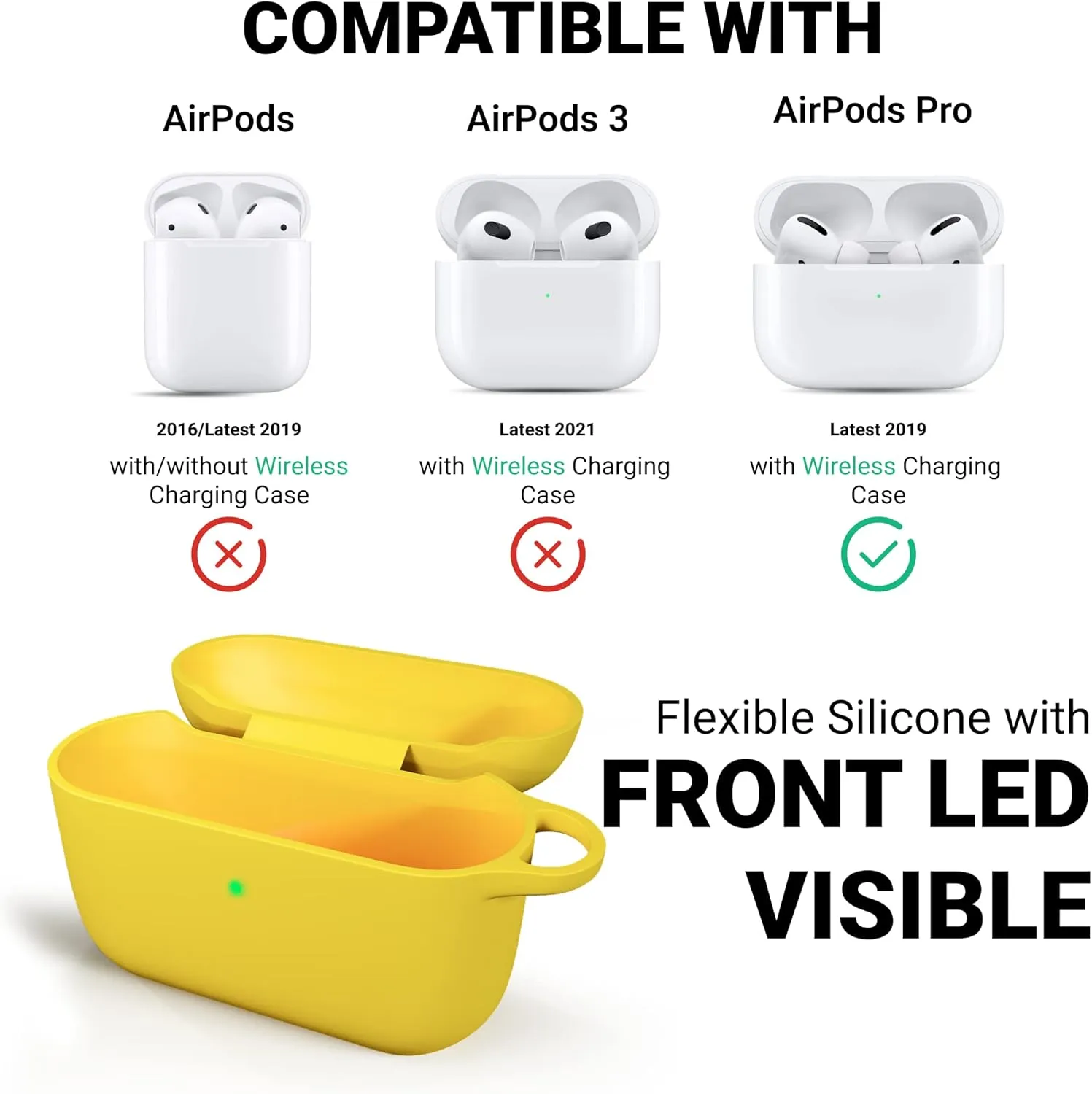 IceSword Airpods Pro 2nd/1st Generation Case Cover, Full Protective Silicone AirPods Skin Soft Shell Shock-Absorbing Protective Full-Body Keychain for Women Men [Front LED Visible] Airpods - Yellow