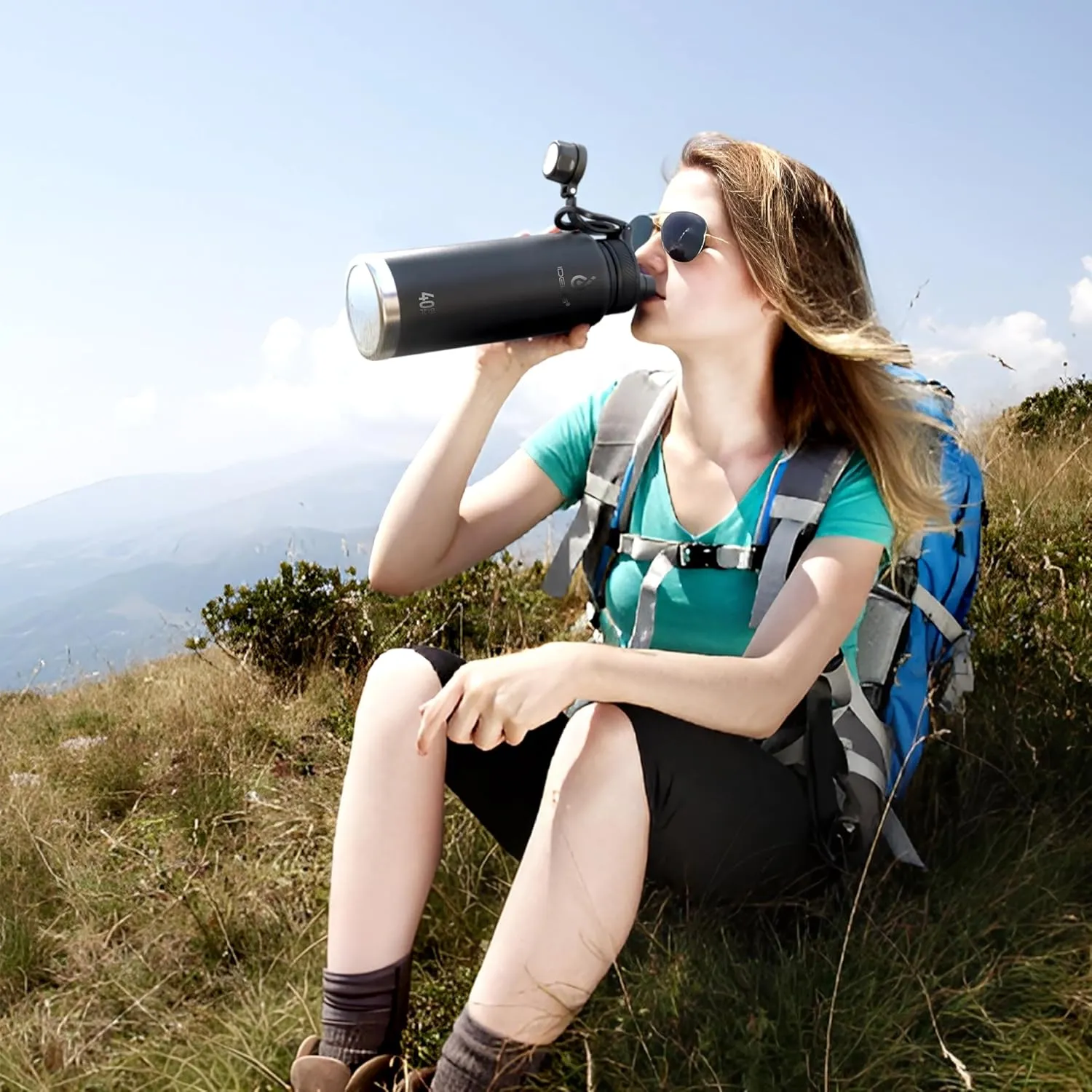IDEUS Insulated Stainless Steel Water Bottle with 2 Leak-Proof Lids, Thermal Water Flask for Hiking Biking, 40oz, Black