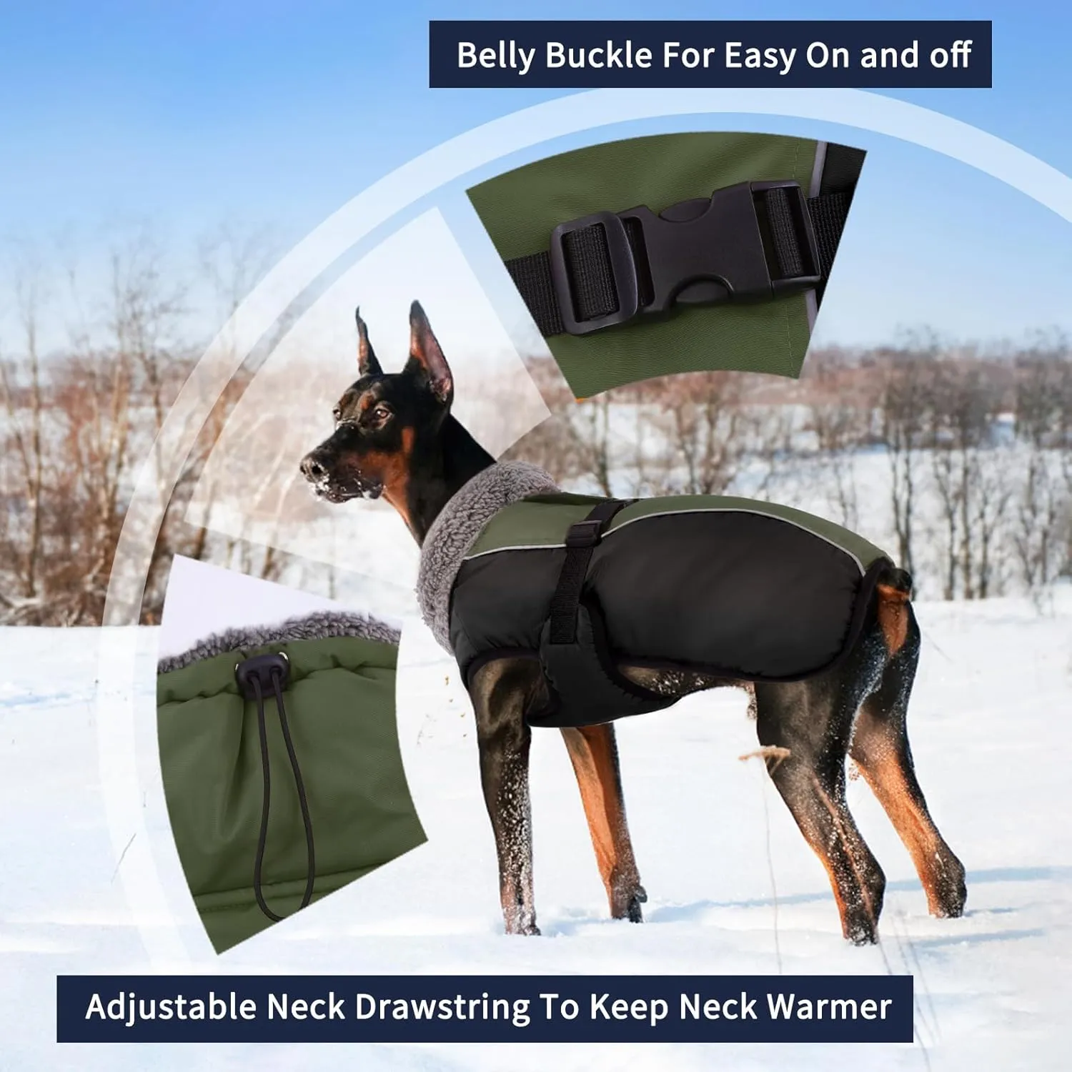 IECOii Extra Warm Dog Coat Reflective Adjustable Winter Jacket with Buckle Fleece Turtleneck for Cold Weather, Soft for Small Medium Extra Large Dogs, Army Green