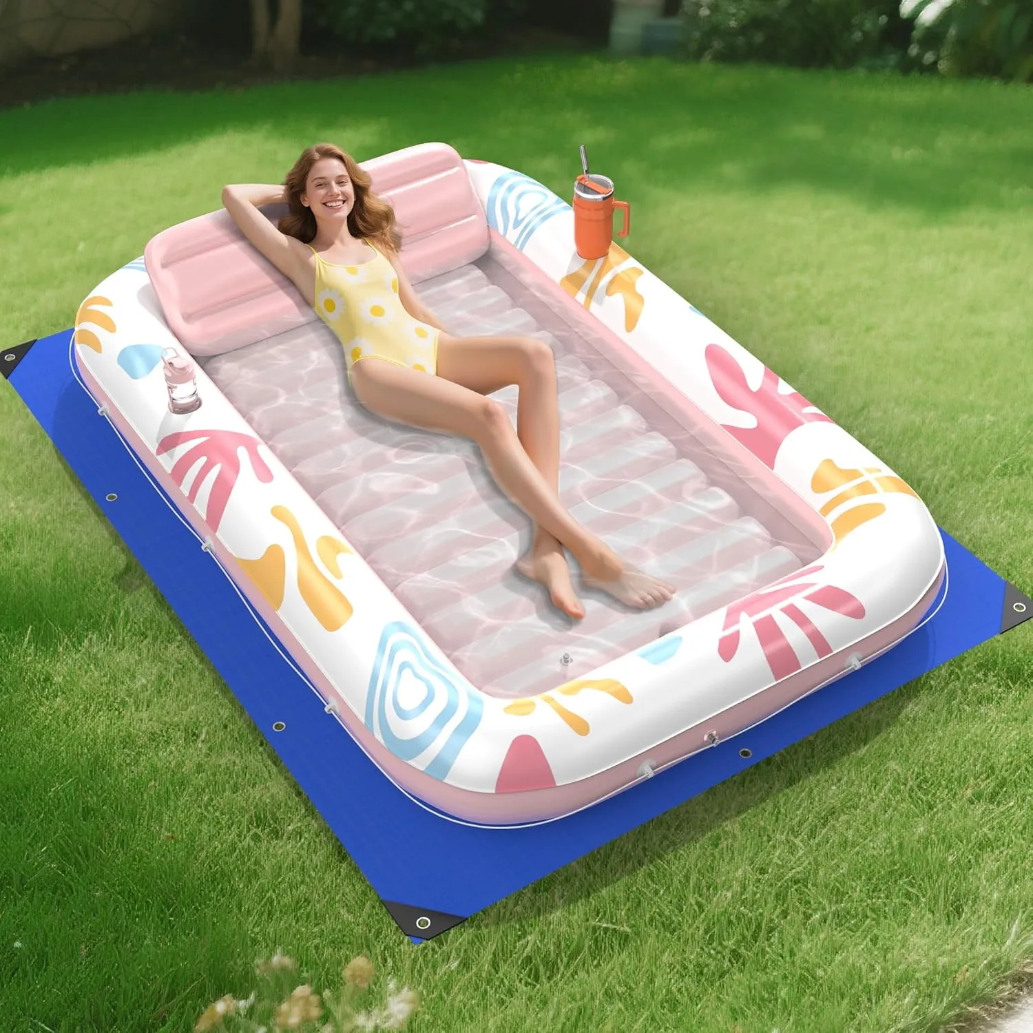 Inflatable Tanning Pool Lounger Float with Protection Mat,85" x 57" Pool Floats Adult with Pillow,6 in 1 Suntan Tub Raft Floatie,Sunbathing Water Bed Lounge Blow Up Kids Ball Pit Party Gifts