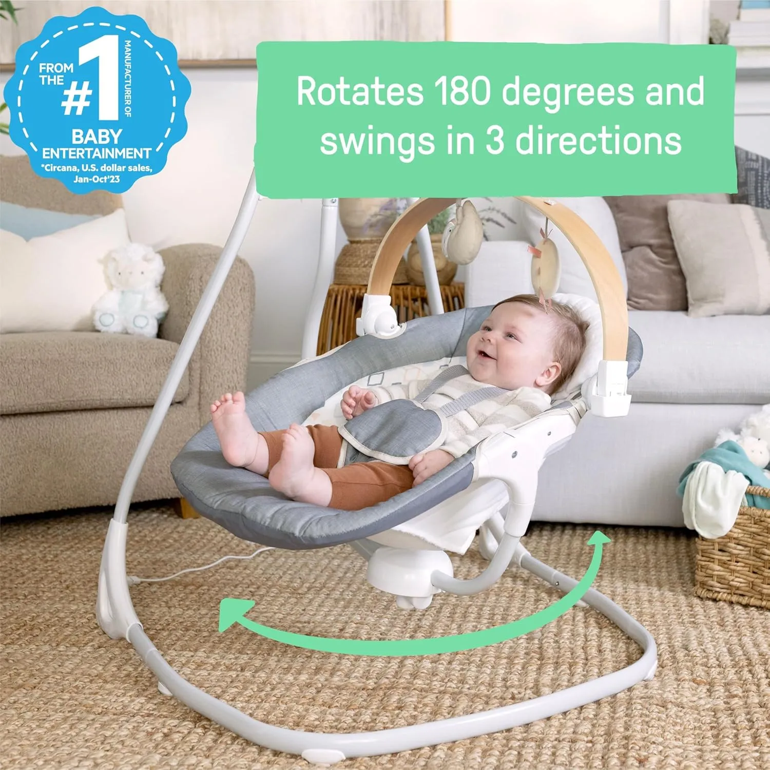 Ingenuity SimpleComfort Compact Soothing Swing, Rotating Toy Bar, Rotating Seat, 6 Speeds, for Ages 0-9 Months, Up to 20 Pounds - Parker