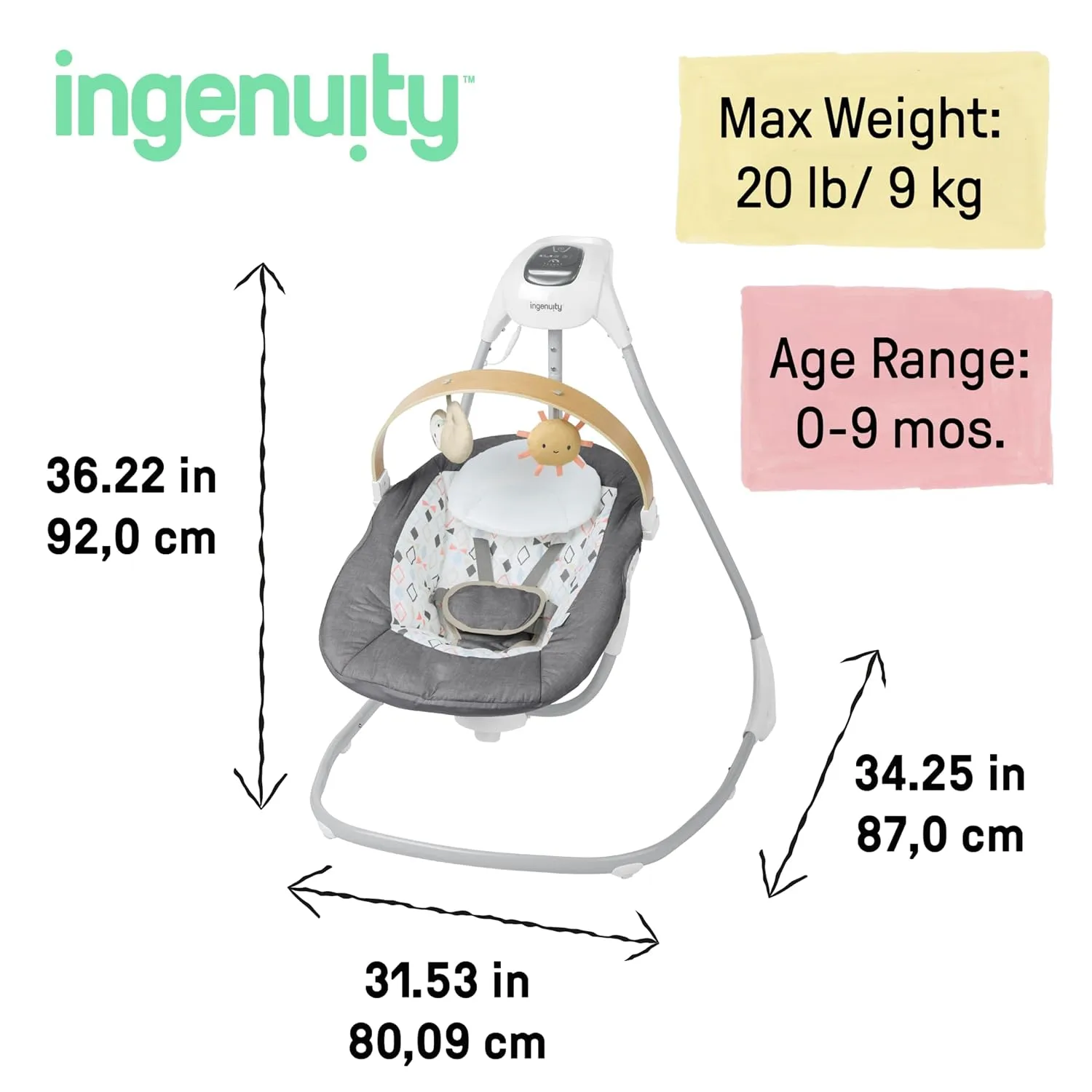 Ingenuity SimpleComfort Compact Soothing Swing, Rotating Toy Bar, Rotating Seat, 6 Speeds, for Ages 0-9 Months, Up to 20 Pounds - Parker