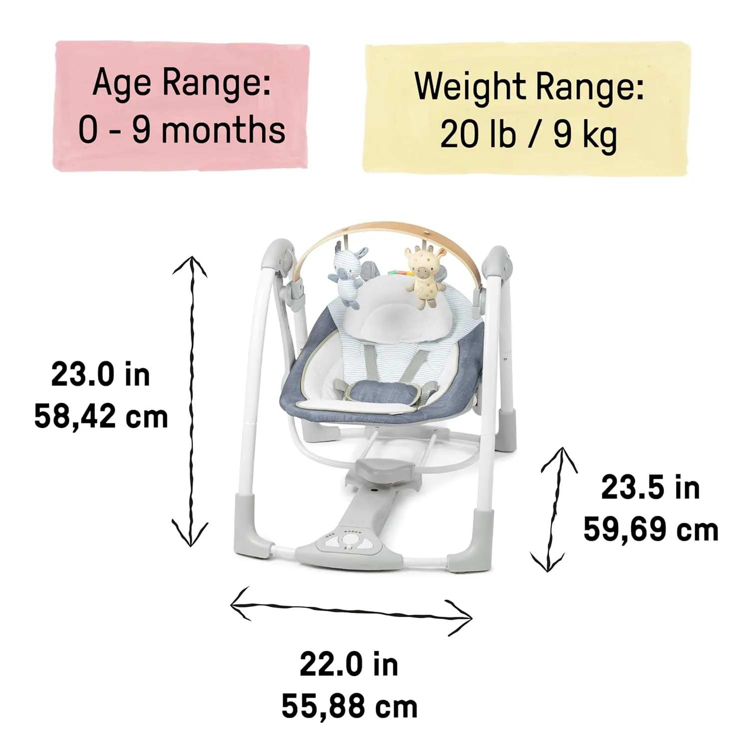 Ingenuity Swing n Go Portable Swing, Removable Sustainably Sourced Wood Toy Bar, 5-Speed, for Ages 0-9 Months, Up to 20 Pounds - Chambray