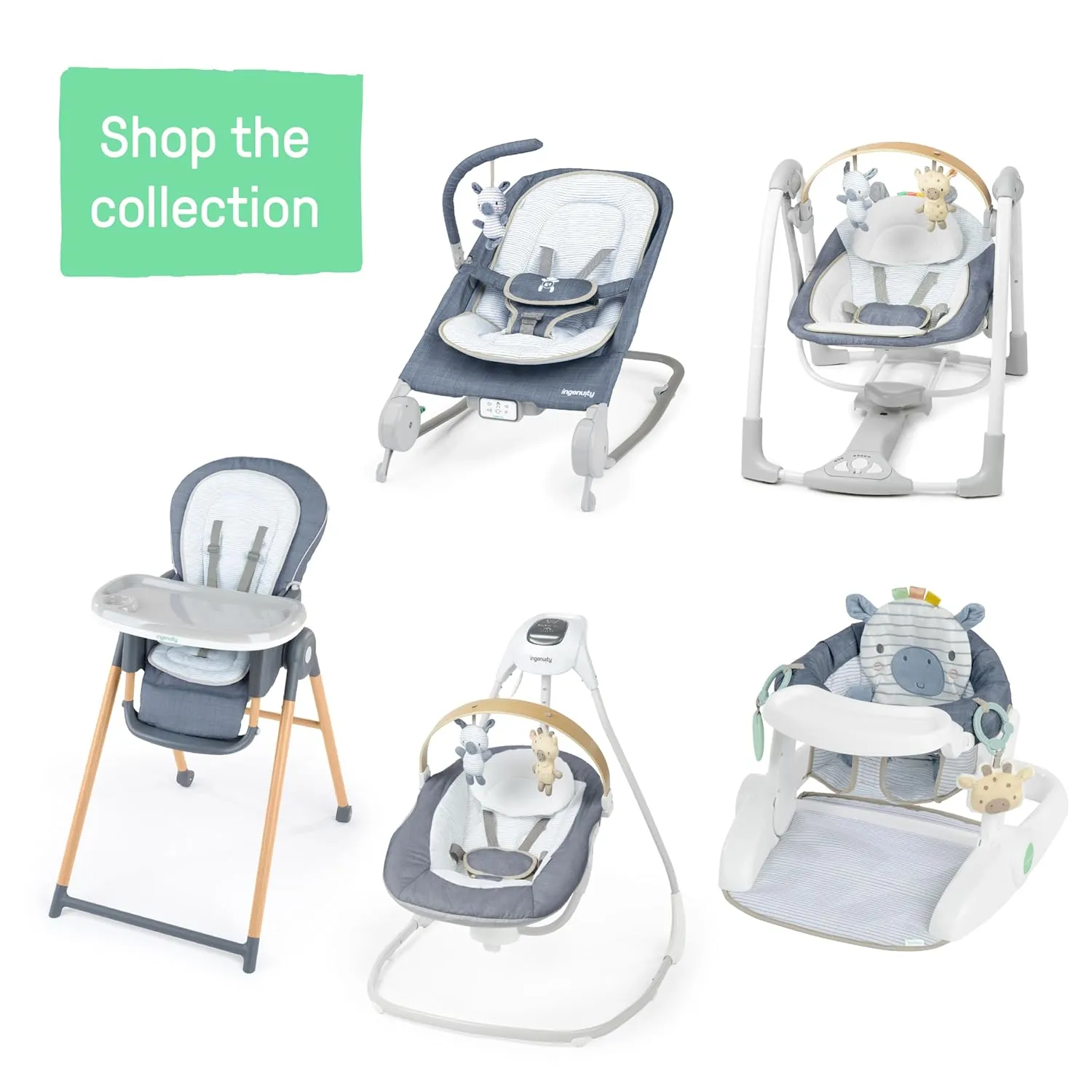 Ingenuity Swing n Go Portable Swing, Removable Sustainably Sourced Wood Toy Bar, 5-Speed, for Ages 0-9 Months, Up to 20 Pounds - Chambray