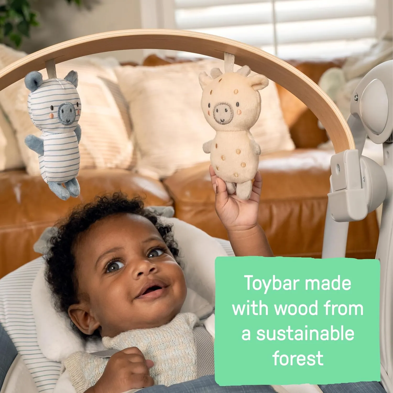 Ingenuity Swing n Go Portable Swing, Removable Sustainably Sourced Wood Toy Bar, 5-Speed, for Ages 0-9 Months, Up to 20 Pounds - Chambray
