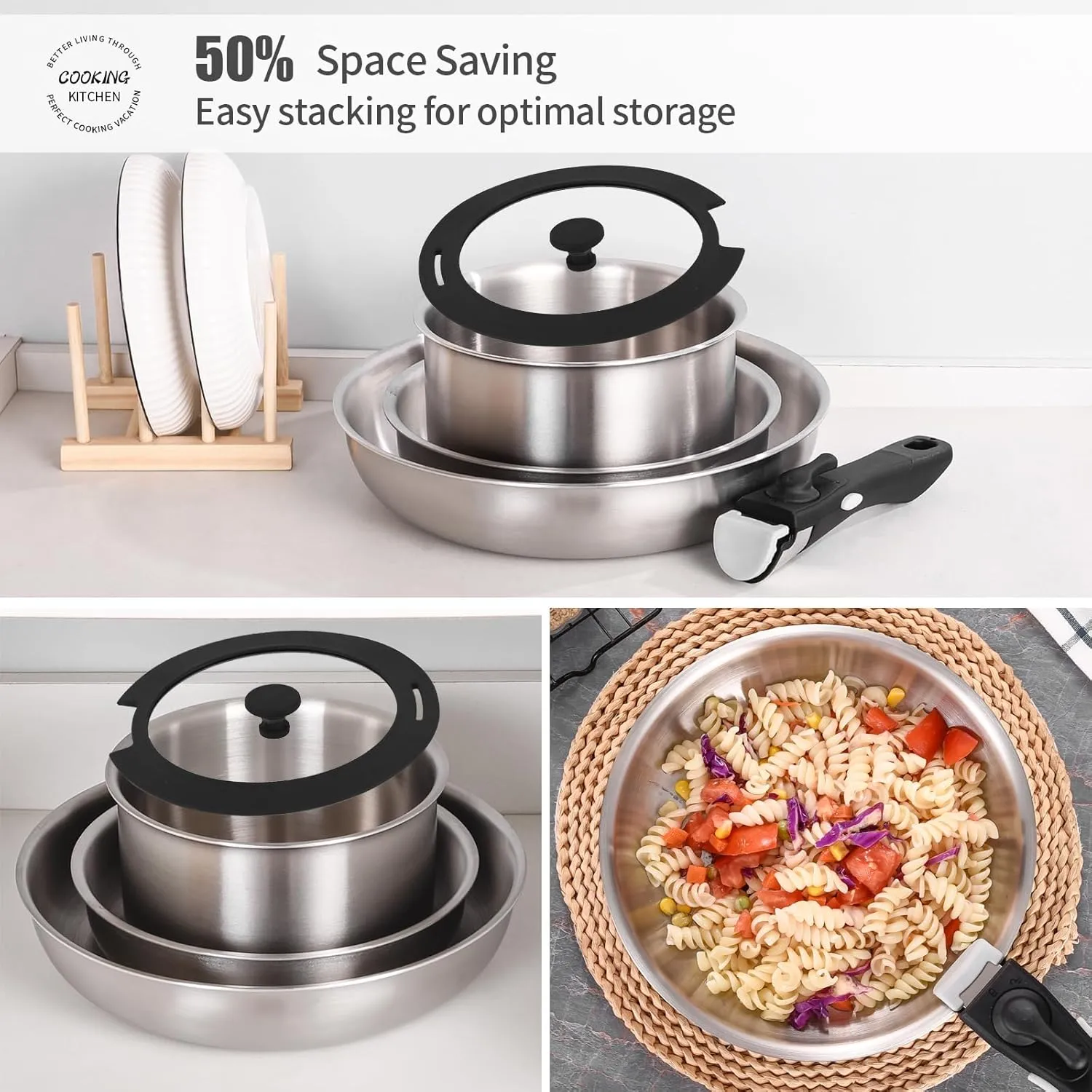 INQIBEE Tri-ply Stainless Steel Pots and Pans Set,8.5-12 Inch Sauté Pans and 2 QT Saucepan Set,Induction Cookware for Home & RV Camping,Detachable Handle Stackable Cookware,Oven Safe.