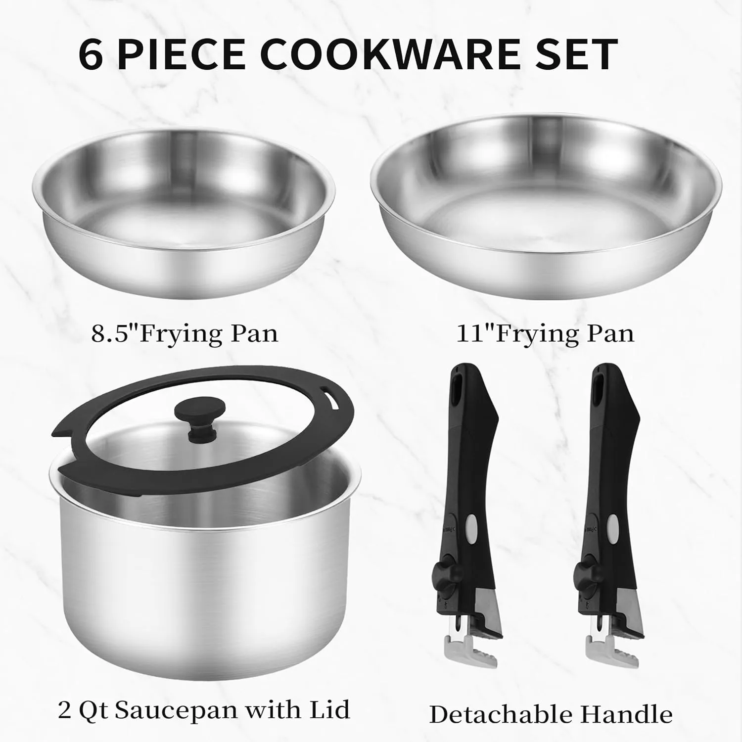 INQIBEE Tri-ply Stainless Steel Pots and Pans Set,8.5-12 Inch Sauté Pans and 2 QT Saucepan Set,Induction Cookware for Home & RV Camping,Detachable Handle Stackable Cookware,Oven Safe.