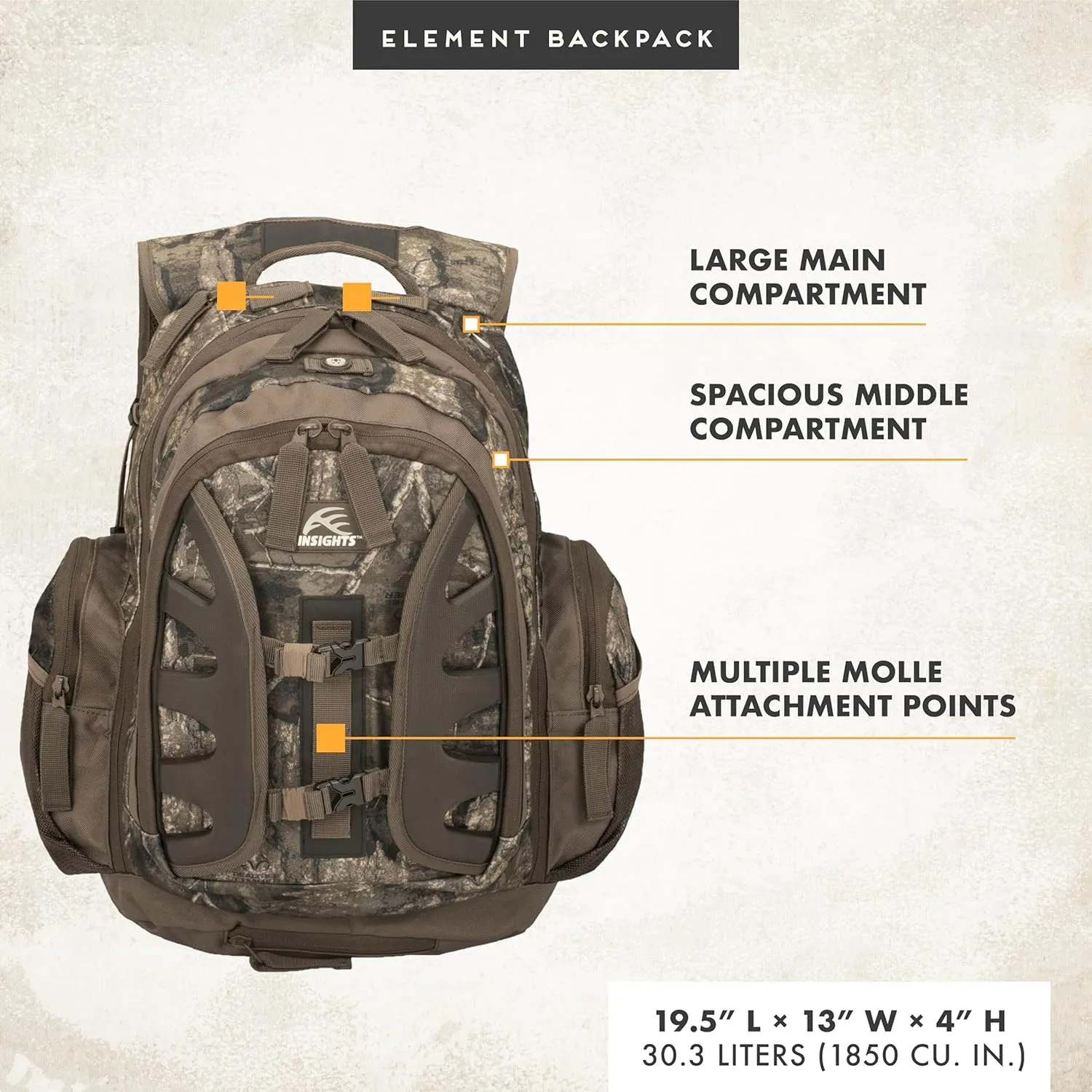 Insights Hunting by frogg toggs- The Element, Heavy Duty 1,831 Cubic Inch Hiking Fishing Camping Hunting Backpack