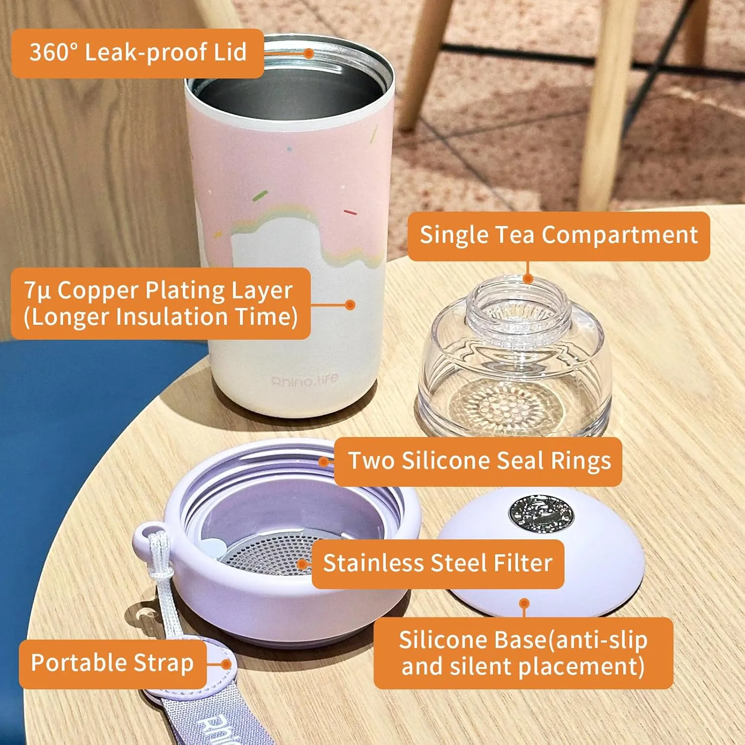 Insulated 20oz Wide Tea Infuser Vacuum Insulated Bottle with Carry Handle loose leaf Tea Bag Ocean Style Cold Brew Coffee Fruit Vacuum Bottle (Pink Purple White)
