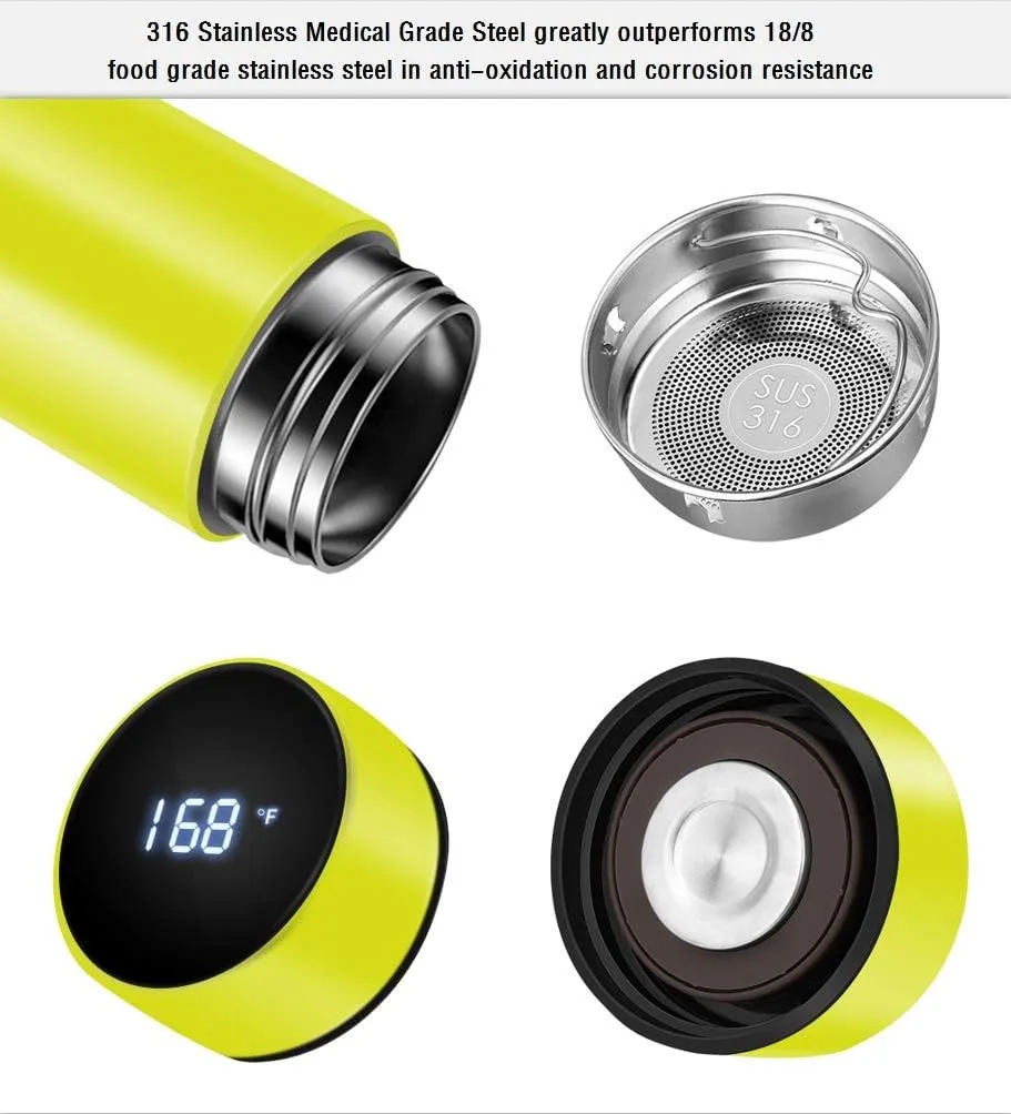Insulated bottle,Coffee bottle,Tea Infuser Bottle,Smart Sports Water Bottle with LED Temperature Display,Double Wall Vacuum Insulated Water Bottle, Stay Hot for 24 Hrs,Cold for 24 Hrs (Yellow)