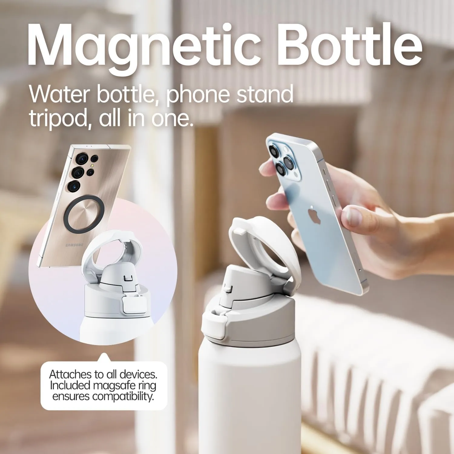 Insulated Magnetic Water Bottle - Reusable Stainless Steel Bottle with MagSafe Compatible Phone Holder - Keeps Cold for 24 Hours - Perfect for Gym, Sports, and Travel - White 32oz