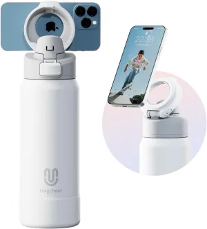 Insulated Magnetic Water Bottle - Reusable Stainless Steel Bottle with MagSafe Compatible Phone Holder - Keeps Cold for 24 Hours - Perfect for Gym, Sports, and Travel - White 32oz