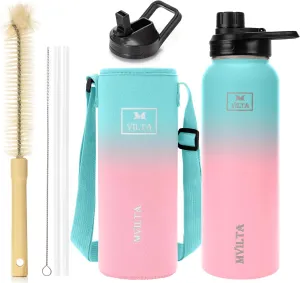 Insulated Stainless Steel Water Bottle-Double Walled Vacuum Reusable Sports Water Bottle With Free Bottle Accessories - Ice: Up to 24 Hrs. Hot: Up to 12 Hrs. 40oz Blue-Pink