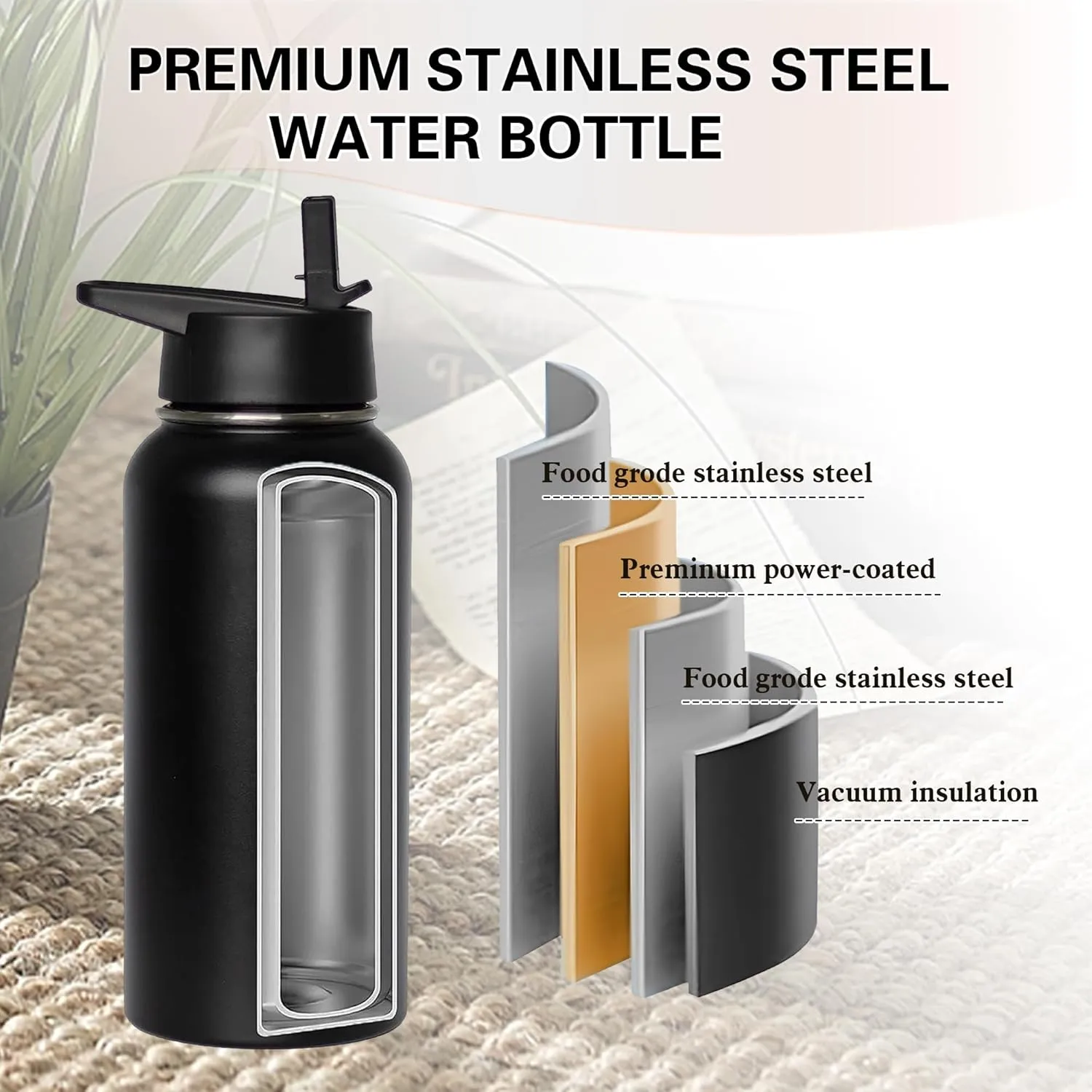 Insulated Water Bottle 32 oz with Straw, Metal Vacuum Stainless Steel Water Flask, Leak Proof & BPA-Free Sports Mens Water Bottle (2 Lids) for Gym,Hiking,Travel, Green