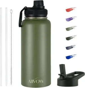 Insulated Water Bottle 32 oz with Straw, Metal Vacuum Stainless Steel Water Flask, Leak Proof & BPA-Free Sports Mens Water Bottle (2 Lids) for Gym,Hiking,Travel, Green