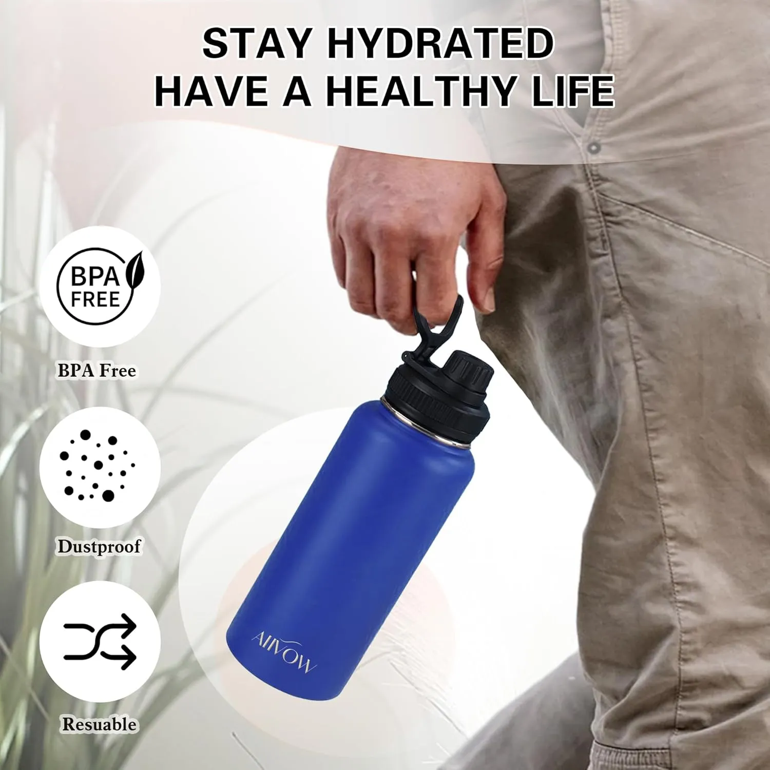 Insulated Water Bottle 32 oz with Straw, Metal Vacuum Stainless Steel Water Flask, Leak Proof & BPA-Free Sports Mens Water Bottle (2 Lids) for Gym,Hiking,Travel, Green
