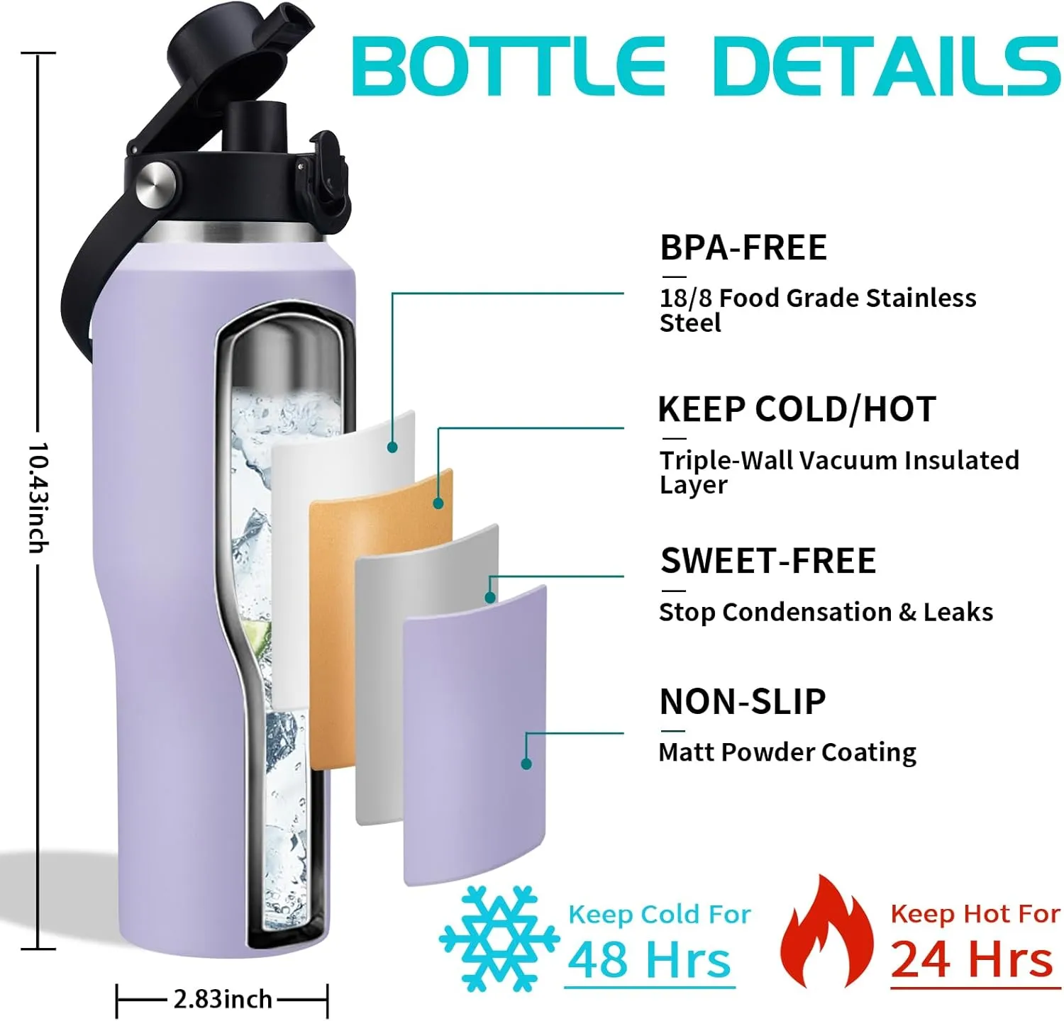 Insulated Water Bottle 32oz with Strap, Water Bottle with Straw & Top Handle for Hot 24h & Cold 48h, Stainless Steel Leakproof Travel Flask, Purple Thermal Cup Fits in Cup Holder