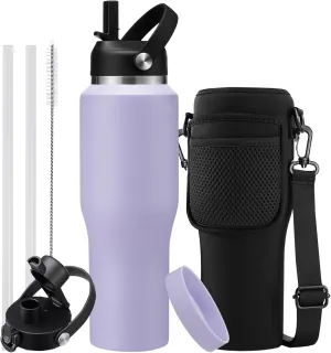 Insulated Water Bottle 32oz with Strap, Water Bottle with Straw & Top Handle for Hot 24h & Cold 48h, Stainless Steel Leakproof Travel Flask, Purple Thermal Cup Fits in Cup Holder