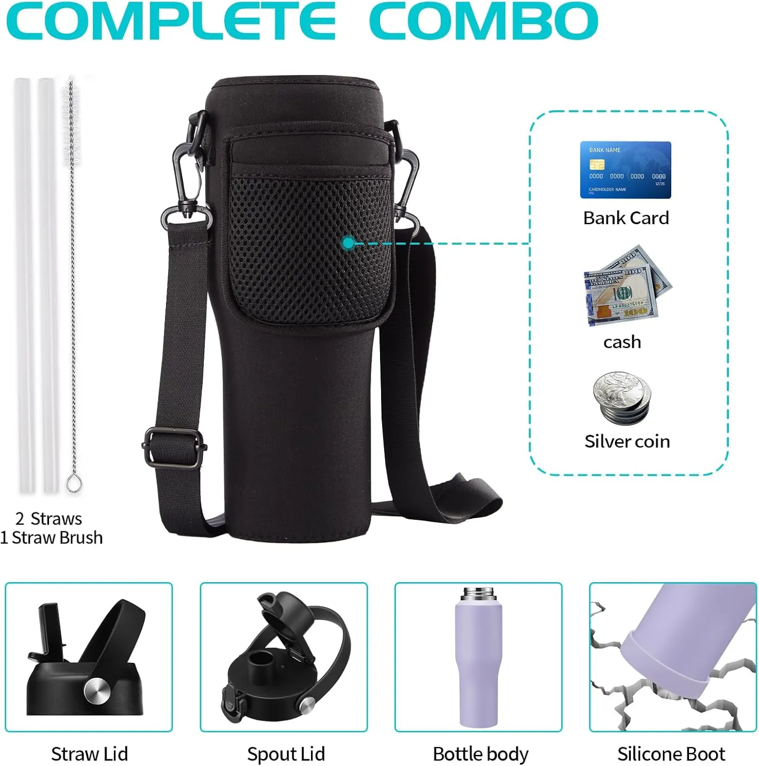 Insulated Water Bottle 32oz with Strap, Water Bottle with Straw & Top Handle for Hot 24h & Cold 48h, Stainless Steel Leakproof Travel Flask, Purple Thermal Cup Fits in Cup Holder