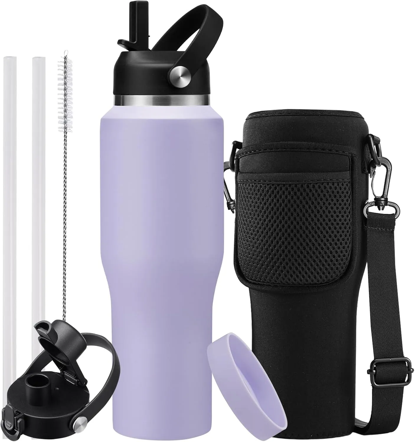 Insulated Water Bottle 32oz with Strap, Water Bottle with Straw & Top Handle for Hot 24h & Cold 48h, Stainless Steel Leakproof Travel Flask, Purple Thermal Cup Fits in Cup Holder