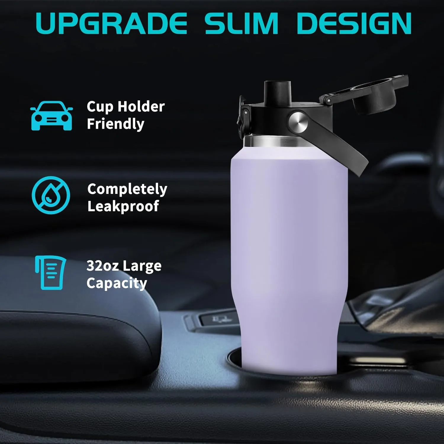 Insulated Water Bottle 32oz with Strap, Water Bottle with Straw & Top Handle for Hot 24h & Cold 48h, Stainless Steel Leakproof Travel Flask, Purple Thermal Cup Fits in Cup Holder