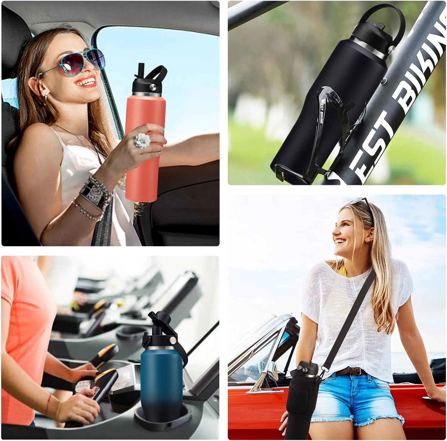 Insulated Water Bottle 32oz with Strap, Water Bottle with Straw & Top Handle for Hot 24h & Cold 48h, Stainless Steel Leakproof Travel Flask, Purple Thermal Cup Fits in Cup Holder