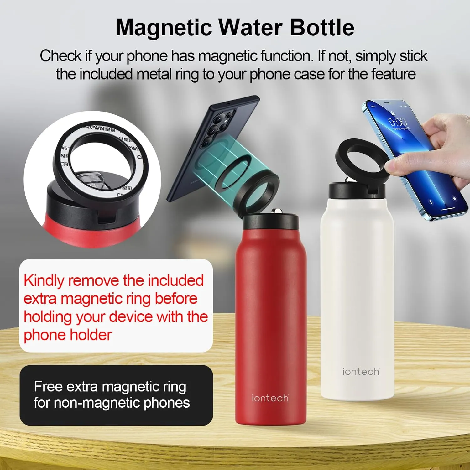 Insulated Water Bottle with Magnetic Phone Holder Compatible with MagSafe and iPhone, Stainless Steel Water Bottle Phone Mount For Sports Travel School, Hot 12H Cold 24H, 24oz (Sliver)