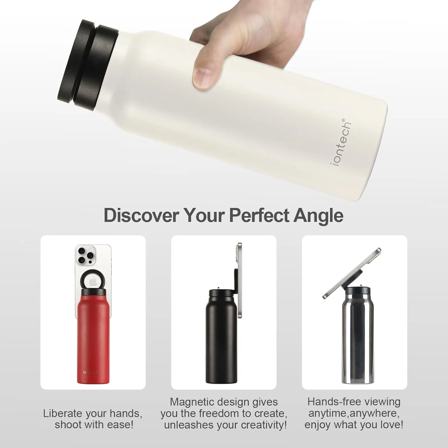 Insulated Water Bottle with Magnetic Phone Holder Compatible with MagSafe and iPhone, Stainless Steel Water Bottle Phone Mount For Sports Travel School, Hot 12H Cold 24H, 24oz (Sliver)