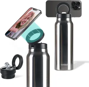 Insulated Water Bottle with Magnetic Phone Holder Compatible with MagSafe and iPhone, Stainless Steel Water Bottle Phone Mount For Sports Travel School, Hot 12H Cold 24H, 24oz (Sliver)