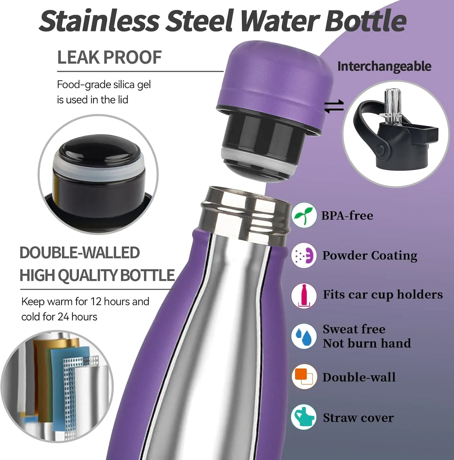 Insulated Water Bottle,2 Pack-12oz Stainless Steel Water Bottles with straw lid,Metal Sports Thermos Water Bottles for Boys,Girls,Double Wall Vacuum BPA-Free Flask for Sports(Purple Ocean)